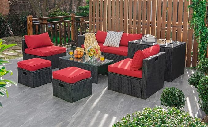 Tangkula 8 Pieces Patio Furniture Set with Waterproof Cover, Patiojoy Space Saving Outdoor PE Rattan Set with Storage Box, Tempered Glass Table, 2 Ottomans, 2 Armless Sofas & Corner Sofas