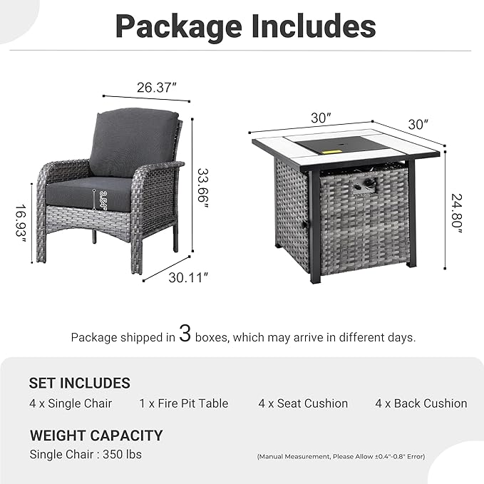 ovios 5-Piece Patio Furniture Set, Outdoor Wicker Sofa with Chairs Fire Pit Table, High Back Rattan Chair with Comfy Cushions for Porch Yard Deck, Black
