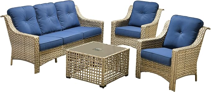 Outdoor Patio Furniture Sets, 4 PCS Patio Conversation Set Outside Rattan Sofa with Solar Light Coffee Table Comfy Cushions Fit Backyard Porch Garden Poolside Balcony,Navy Blue