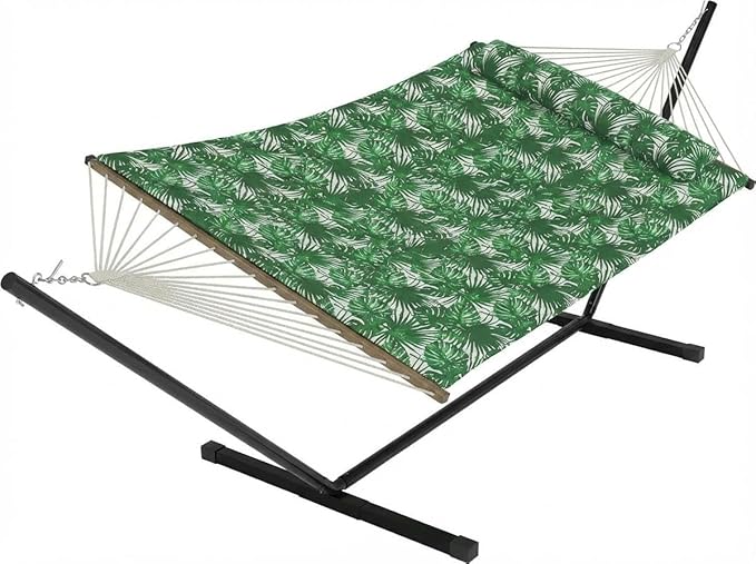 Hammock with Stand, 2 Person Heavy Duty Hammock with Soft Pillow & Balance Ropes, Stand Alone Hammock, Portable Outdoor Hammock for Patio,Beach, Backyard（Green with Leaves Pat）