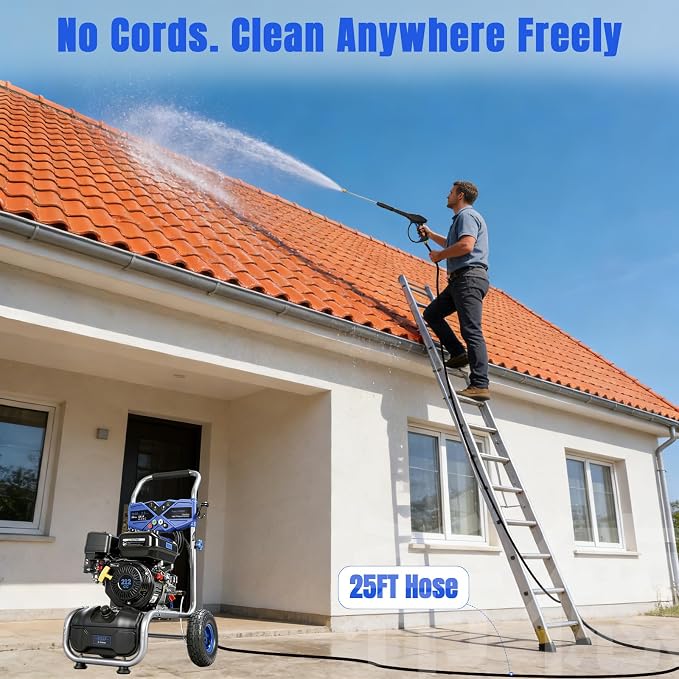 3500PSI Gas Pressure Washer, 212CC / 2.3GPM / 7HP / 4-Stroke Gas Power Washer with 4 Quick Connect Nozzles, 25FT Hose, Soap Tank, Gas Powered Pressure Washers for Driveways Decks Cars Paint Prep