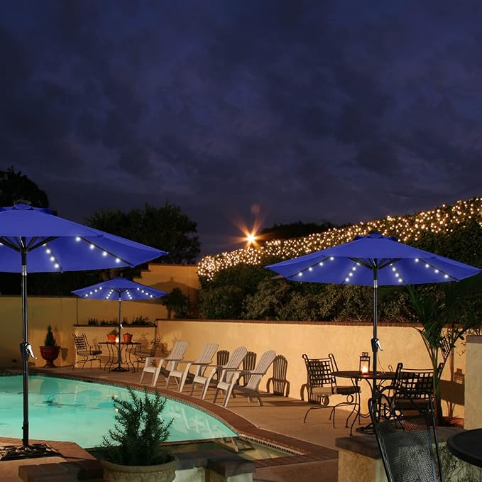 MASTERCANOPY 9FT 8Ribs Patio Umbrella with 32 Solar LED Lights, Outdoor Market Umbrella with Tilt & Crank, UV Protection & Fade Resistant Fabric, Easy Set-Up for Garden, Deck, Pool (Blue)