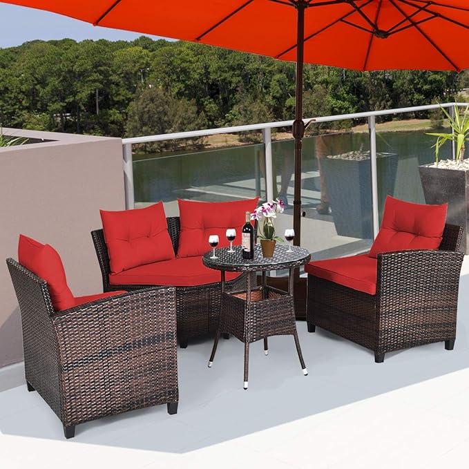 Tangkula 4-Piece C Shape Patio Furniture Set, Outdoor Corner Wicker Rattan Sectional Cushioned Sofa Set, with Glass Coffee Table, for Garden Poolside Balcony (Red)