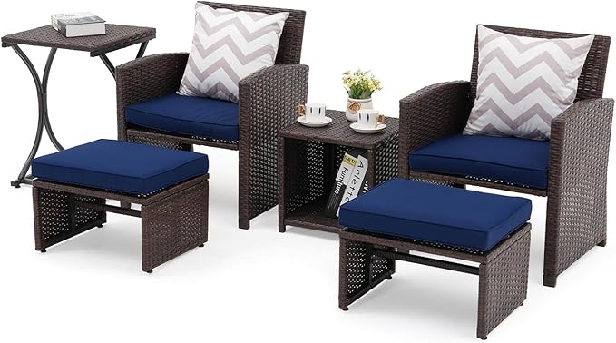 OC Orange-Casual 6 Piece Patio Wicker Furniture Set, Balcony All Weather Rattan Chair, with Space Saving Ottoman, Resin Nesting Coffee Table, Modern Design, Blue