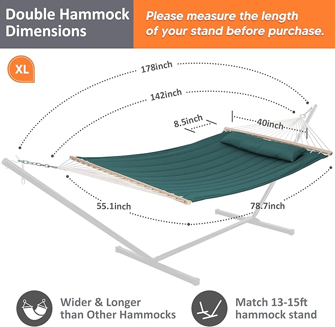 SUNCREAT Hammocks Replacement Hammock for Stand, 475 lbs Capacity, Two Person Backyard Hammock for Outside, Dark Green