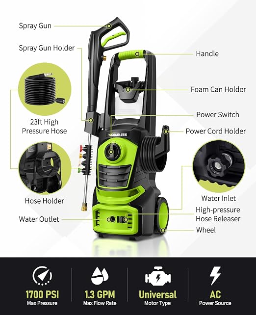 Electric Pressure Washer, 1700 PSI with 23FT Cord, 4 Quick Nozzles, Foam Cannon Electric Power Washers for Car, Garden, Patio, Driveways
