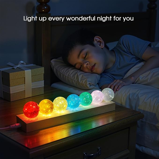 L LOHAS LED 7 Colors 40mm Ice Cracked Balls Crystal Chakra Balls with LED Wooden Base Glass Healing Sphere Balls with Stand Night Light Decoration Quartz for Home Living Room