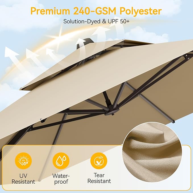 VEGOND 9x12 FT Patio Cantilever Umbrella with Base, Rectangular Heavy Duty Offset Umbrella for 6-8 People, 360°Rotation & Mult Tilt, Double Top Design, for Pool Garden Deck (Beige)