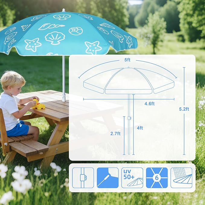 AMMSUN 5ft Seaside Beach Umbrella for Sand and Water Table - Kids Durable Umbrellas for children Beach Camping Garden Outdoor Play Shade