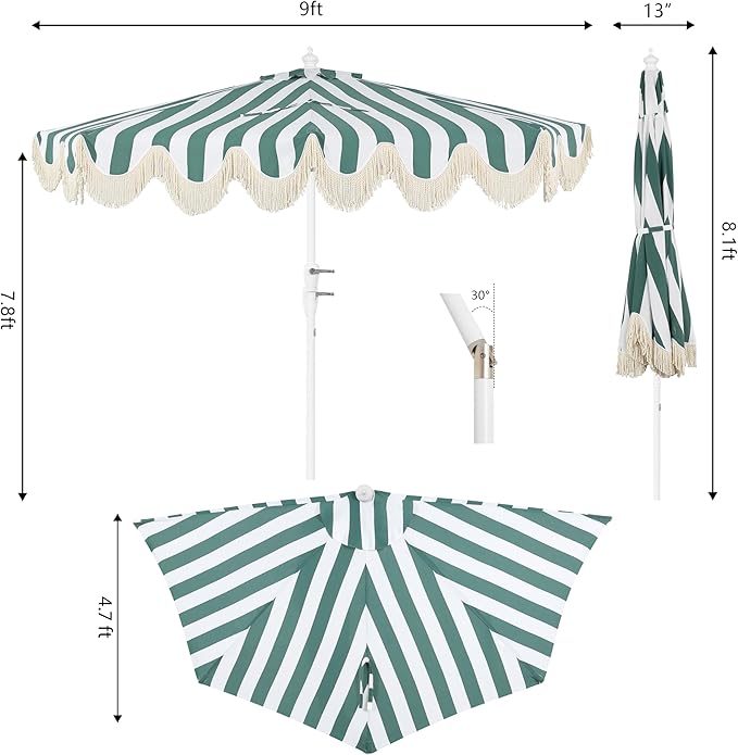 JONATHAN Y Beverly 9 ft. Coastal Green and White Striped Half Patio Umbrella with Scalloped Fringe, Crank Lift, and Manual Tilt for Balcony, White Pole UMB1201L