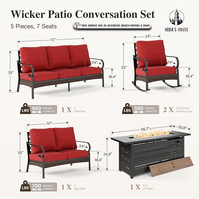 HERA'S HOUSE 5 Piece Metal Patio Furniture Set with 56" Fire Pit Table, All Weather Outdoor Conversation Set, 3 Seat Sofa with Loveseat, 2 Rocking Chairs, Seats 7 for Backyard, Garden, Deck, Red