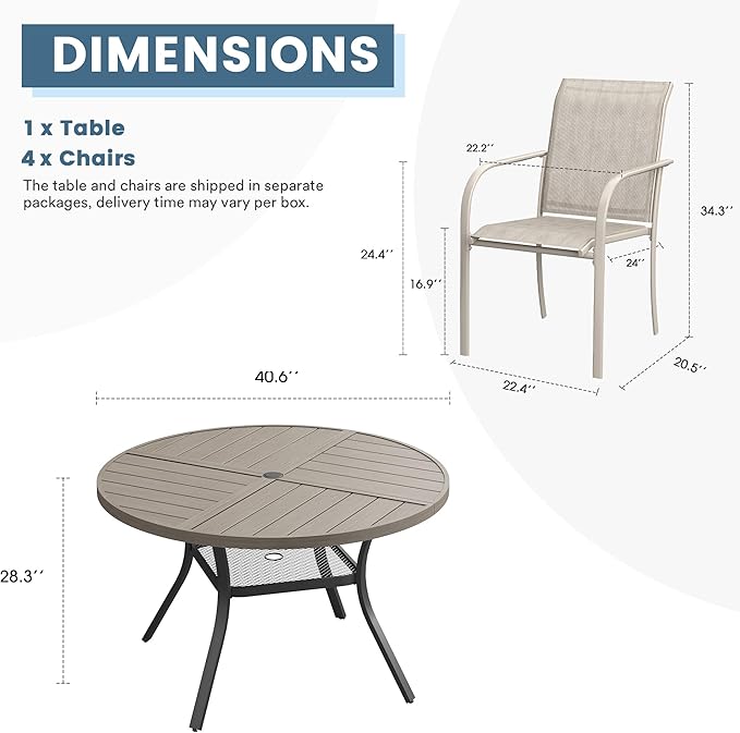 DIFY 5 Pieces Outdoor Patio Dining Set for 4, 40.6" Grey Wood-Like Round Metal Dining Table and 4 Sandshell Stackable Sling Dining Chairs, Outdoor Table and Chairs for Lawn Garden Backyard Deck