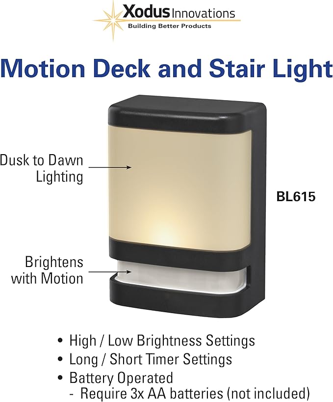 Xodus Innovations BL625-3 Motion Sensing Stair and Deck Light, LED, Battery Operated, Dusk to Dawn Sensor, 30 Seconds or 5 Minutes Brightness Setting, Indoor and Outdoor