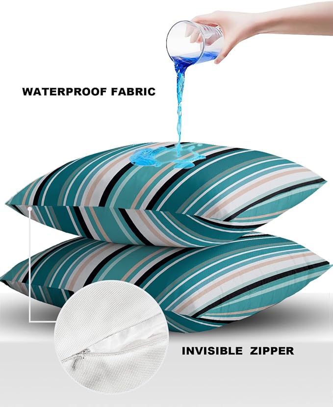 Outdoor Waterproof Pillow Covers for Patio Furniture Simple Stripe Decorative Throw Pillow Cover Geometric Pattern Pillowcases Set of 2 Cushion Case for Sofa Couch Chair Home Decor 16x16 inch
