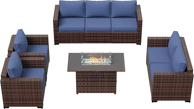 Amopatio Oversized Outdoor Sectional Sofa Set with 44" Metal Fire Pit Table & Storage Coffee Table - Waterproof Wicker Patio Furniture Set, Modular Furniture with Removable Cushions (Navy)