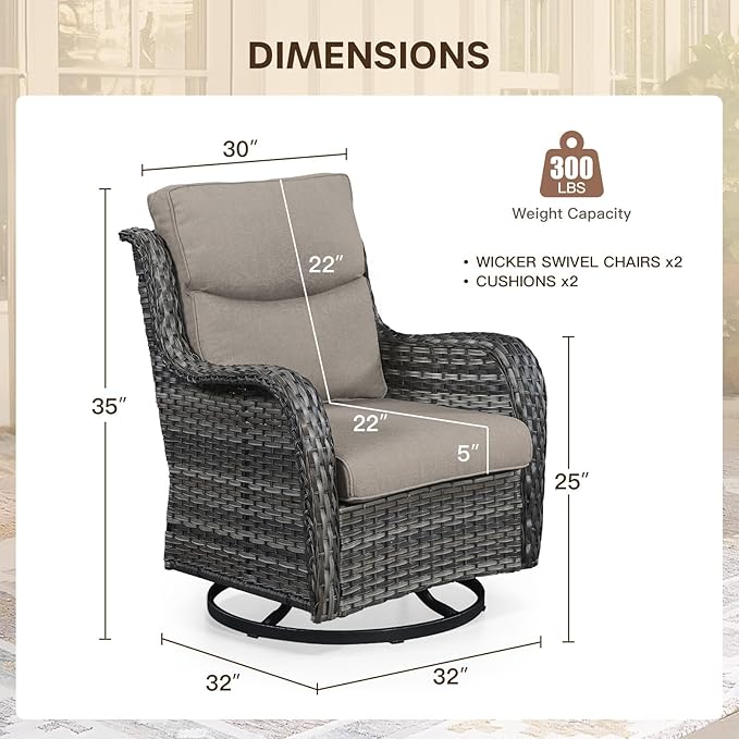 Patio Swivel Chair Set of 2, Resin Wicker Swivel Patio Glider Chairs with Smile-Shaped Cushions, High Back Luxury Swivel Patio Glider Chairs for Outdoor, Brown Wicker|Grey Cushions