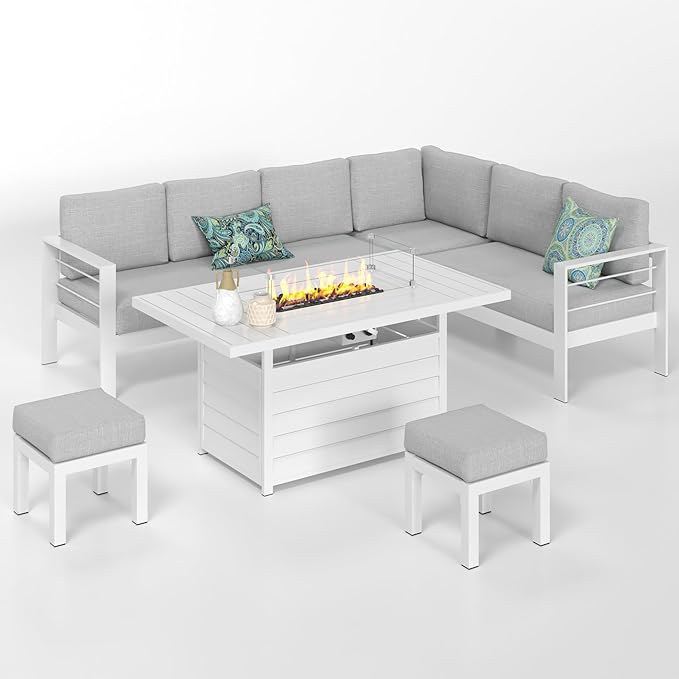 Solaste Aluminum Patio Furniture Set with Fire Pit Table, 6 Piece Sectional Metal Outdoor Furniture with Ottoman, Modern Patio Conversation Set Water-Resistant Cushion for Balcony, Front Porch, White