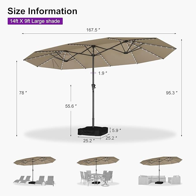 PURPLE LEAF 14ft Patio Umbrella with Solar Lights Outdoor Double-Sided Market Umbrella with Base Included Rectangle Table Umbrella for Pool Garden Backyard, Khaki