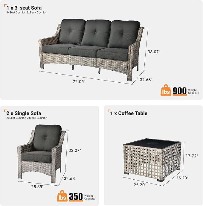 ovios 4 Piece Outdoor Patio Furniture with 3 Seat Sofa,Rattan Wicker Coversation Set with High Back,Sectional Single Sofa with Ottoman for Outside Porch Balcony Backyard Pool, Black