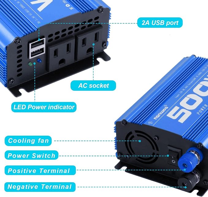 Power Inverter car Inverter Rate 500W / Peak 1000W DC12V to AC 110V RV Inverter with 2 AC Outlets 2USB Ports…