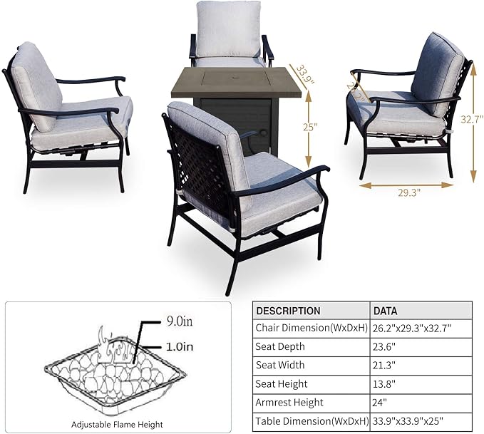 Patio Conversation Set Outdoor Furniture CSA Certification 50,000 BTU 33.9 Inch Propane Fire Pit Table Sets with Rocking Chairs (5 Pcs,Grey)