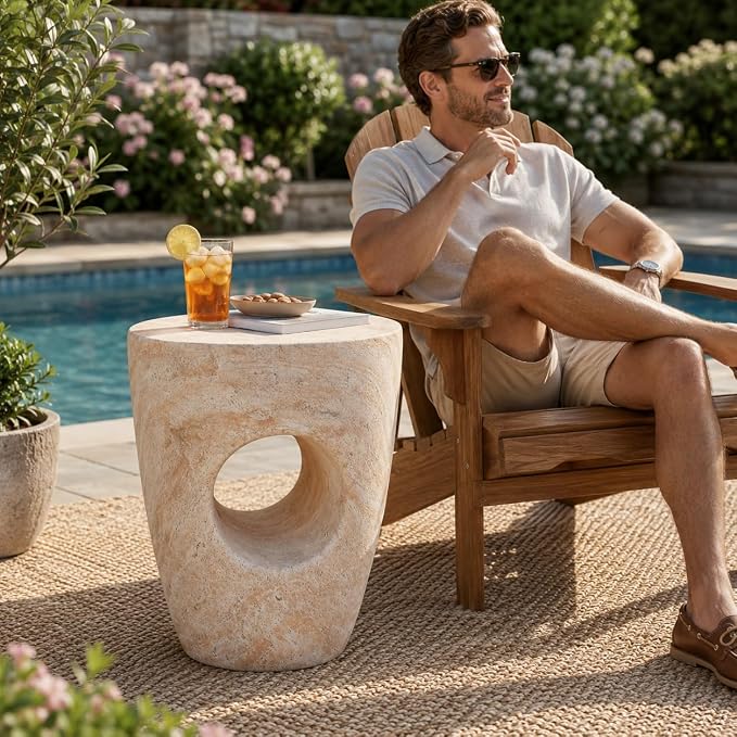 Outdoor Side Table, Modern Minimalist Coffee Table with Sculptural Hollow Design Accent Table for Indoor/Outdoor (Beige,Natural-22)