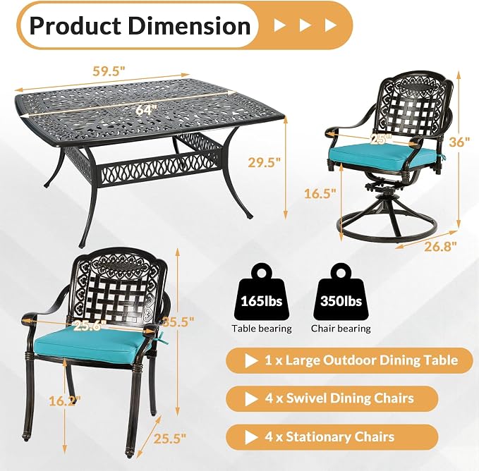9 Piece Outdoor Patio Dining Set for 8, Cast Aluminium Large Square Dining Table & 4 Swivel Rocker Chairs, 4 Stationary, 8 Cushions, Umbrella Hole, Patio Furniture Set for Garden, Ocean Blue
