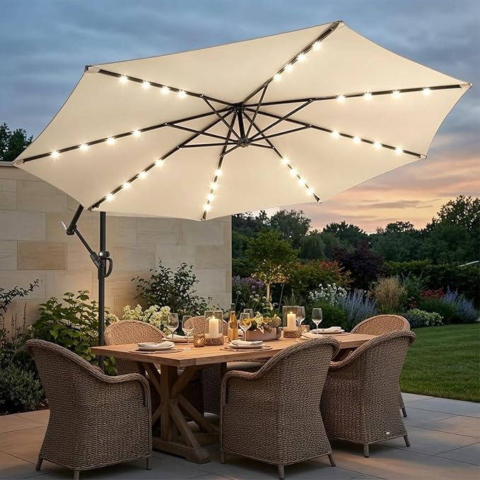 wikiwiki 10ft Solar LED Offset Patio Umbrella, Outdoor Cantilever Patio Umbrellas with Solor Lights for Backyard, Poolside and Garden, Easy Tilt Adjustment, 32 LED Lights & Polyester Shade, Beige