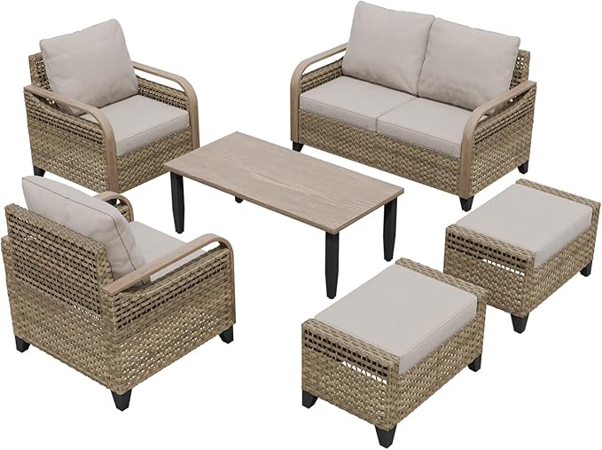 COOS BAY Modern Wicker Outdoor Furniture Set, 6 Piece Patio Conversation Set with 2 Patio Chairs, a 3 Seat Couch, 2 Ottomans and Coffee Table, 6 Piece, Brown/Gray