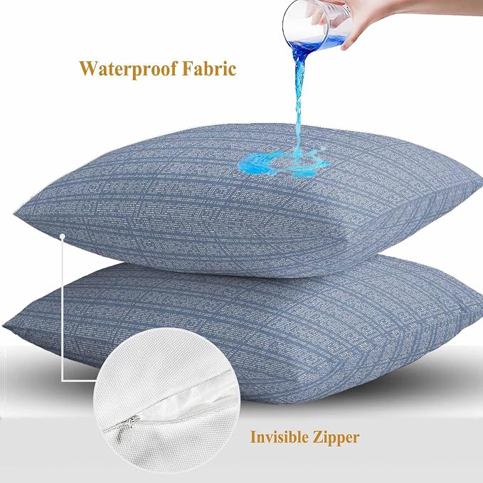Outdoor Waterproof Throw Pillow Covers Set of 2 Blue Stripes Grain Pillowcases 26x26 Inches Solid Color Decorative Pillows Cushion Case Patio Pillows for Couch Bed Chair Garden