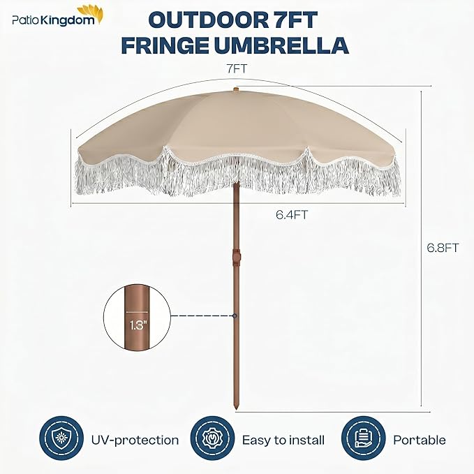 7ft Patio Umbrella with Fringe, Boho Beach Umbrellas, Outdoor Tassels Umbrellas with Push Button Tilt & Carrying Bag, 8 Windproof Fiberglass Ribs, UPF50+