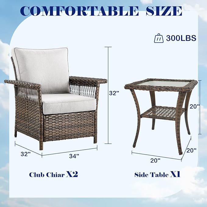 Outdoor Patio Chairs Wicker Chair - 3 Piece Rattan Patio Bistro Chairs Set with Sturdy Frame,All-Weather PE Wicker and Comfortable Cushions,1 Side Table for Outside Porch Deck Balcony(Brown/Beige)