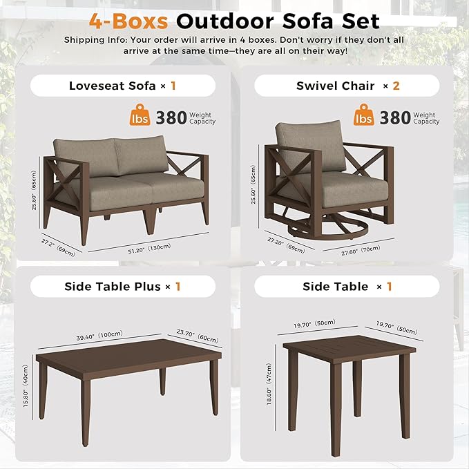 Aluminum 4-Seats Outdoor Patio Furniture Set with Swivel Rocking Chairs, Sectional Conversation Sofa with 5.2" Thick Cushions & Plus Table, Rust-Resistant Frame for Porch, Garden, Backyard, Brown