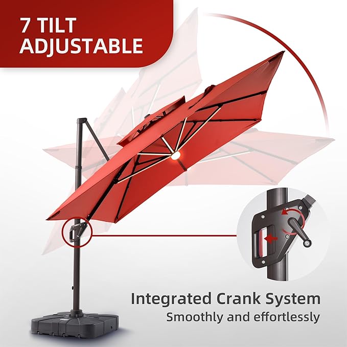 9 X 12 FT Cantilever Patio Umbrella with Led Lights and Base Included Heavy Duty Outdoor Double Top Large Rectangle Offset Umbrellas with 360-degree Rotation for Garden Pool Deck Backyard, Red