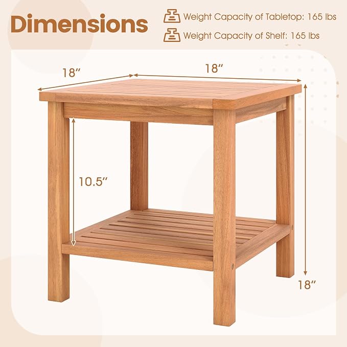 Tangkula Outdoor Side Table, 2-Tier Acacia Wood Square End Table with Slatted Tabletop & Storage Shelf, Indoor Outdoor Wooden Accent Bistro Patio Table for Backyard, Poolside, Garden, Natural (1)