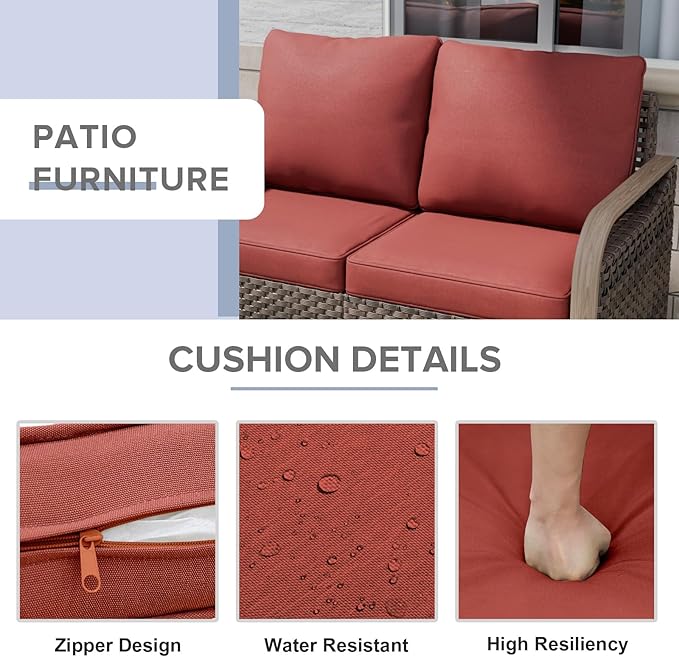 COOS BAY Modern Wicker Outdoor Furniture Set, 5 Piece Patio Conversation Set with 2 Swivel Rockers, a 3 Seat Couch and 2 Ottomans, 5 Piece, Brown/Red