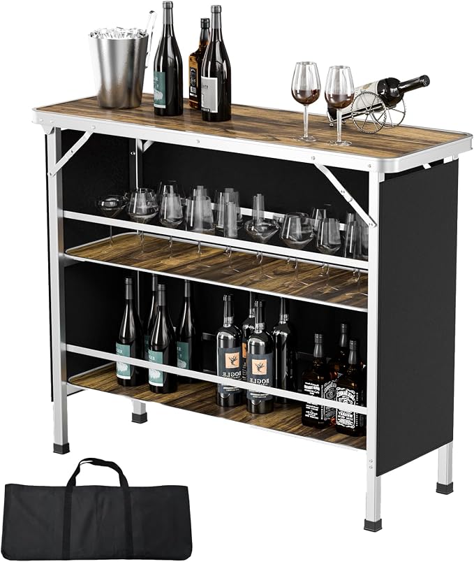 VINGLI 43" Portable Bar Table, 3-Tier Shelves, Carry Bag，Mobile Bar Table for Events, Party, Camping, Picnic, Tradeshow, Outdoor & Indoor with Black Skirt(2, 43") (2) (Natural, 43")