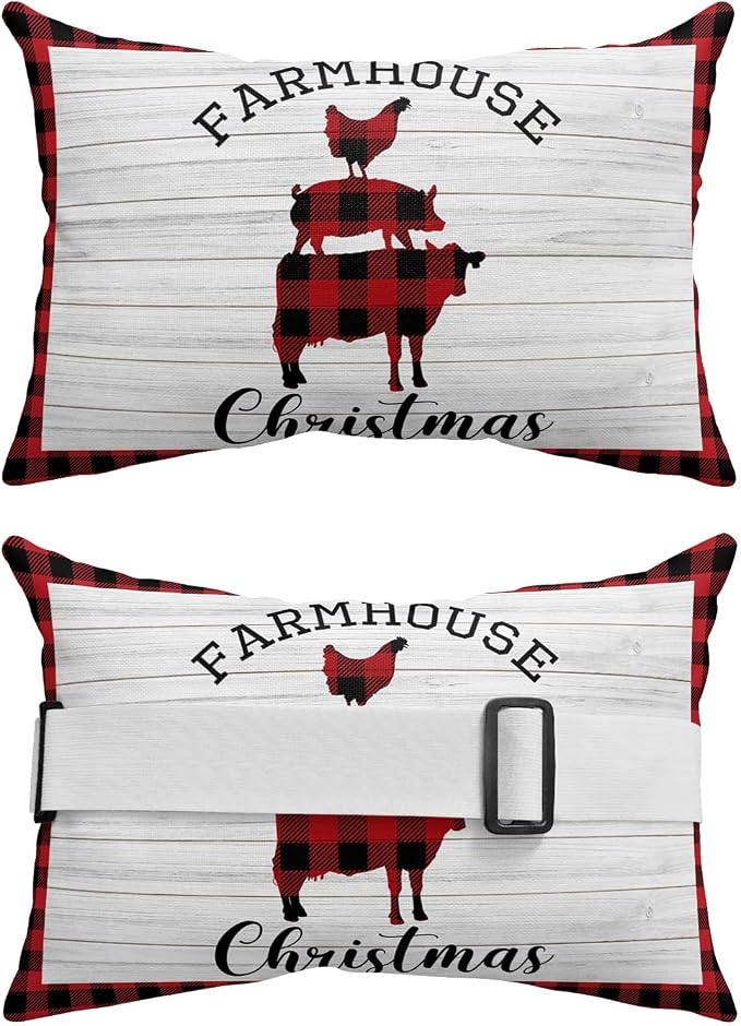 Outdoor Pillows Covers with Inserts Farmhouse Christmas Pig Cock Cow Buffalo Plaid Waterproof Pillow with Adjustable Strap Throw Pillows for Patio Furniture Recliner Lounge Chair, 11x16 inch, 1PCS