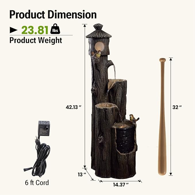 42-Inch Outdoor Water Fountain, 4-Tier Resin Birdhouse Waterfall Fountain with 4 Warm LED Lights, Rustic Tree Trunk Design, Home Decor for Garden, Porch, Deck, Yard, Patio, Lawn in Black