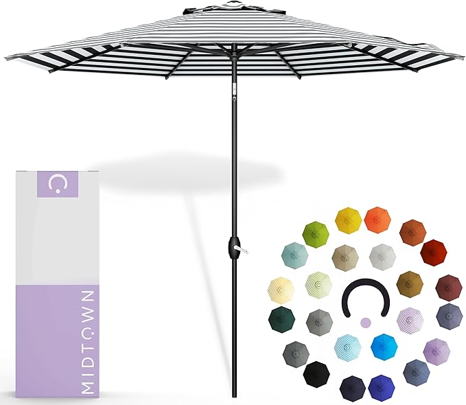 Midtown Umbrellas - 10-Year-No-Fade 6 Ft Patio Umbrella with Terylast Fabric, Auto-Tilt Aluminum Frame and 8 Reinforced Ribs for Deck, Pool, Garden & Beach - Black/White Stripes Canopy, Black Pole