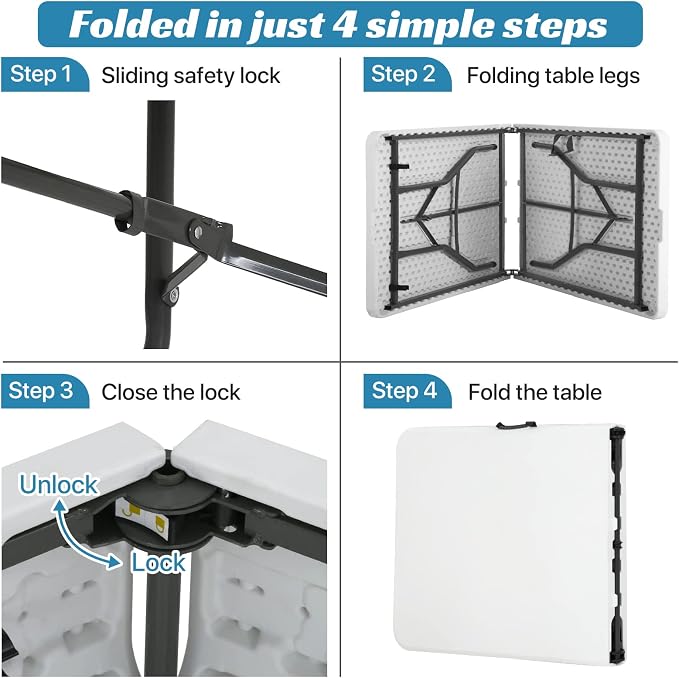 6FT Plastic Folding Table - Portable, Foldable Indoor/Outdoor Fold Up Table for Eating, Camping and Party, White