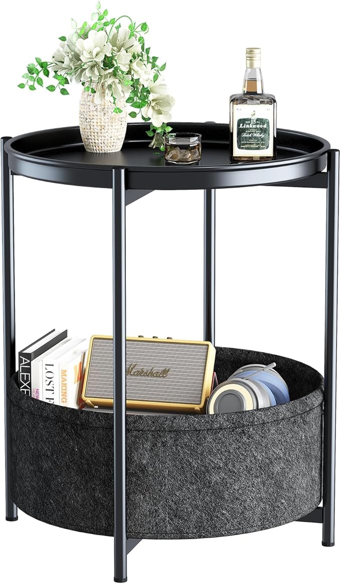 Garden 4 you Side Table with Fabric Storage Basket, Round Metal End Table, Small Bedside Table Nightstand with Removable Tray, for Nursery, Living Room, Bedroom, Bathroom, Black