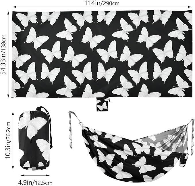 Camping Hammock Outdoor Hammocks for Outside White Butterfly Black Beach Trees Portable Lightweight with Pockets Tree Straps Indoor Small