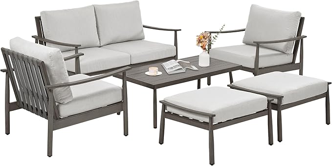 6 Pieces Aluminum Outdoor Patio Furniture Set with Coffee Table, Cushioned Loveseat and Armchairs with Ottomans, All-Weather Conversation Set for Yard Porch Deck, Greige & Grey