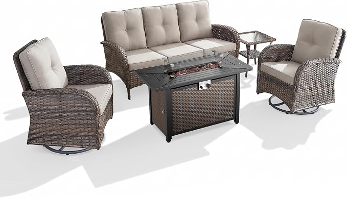 5 Piece Patio Furniture Set with Fire Pit Table - Wicker Patio Conversation Set with Swivel Glider, 3-Seat Sofa, Tempered Glass Side Table for Deck Backyard - Brown Wicker Beige Cushion