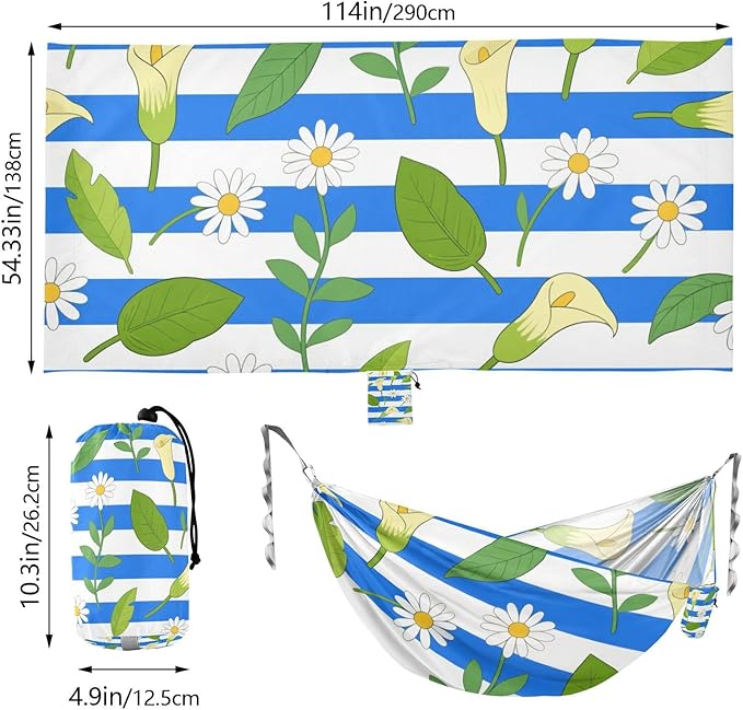 Blue White Striped Calla Lily Daisy Flower 330lb Capacity Outdoor Hammock Indoor Hammock for Patio Backyard Lounge Base Base de hamaca para adultos