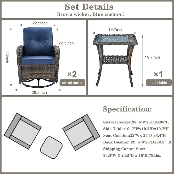 Belord Patio Wicker Chairs Swivel Rocker - Outdoor Swivel Rocking Chairs Set of 2 with Rattan Side Table, Patio Swivel Glider Chair 3 Piece Patio Furniture Sets for Deck Porch Pool Brown/Blue