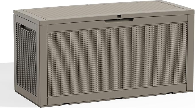 ROJIK 120 Gallon Waterproof Outdoor Deck Storage Box, Lockable Resin Patio Storage Bin with Lid for Garden Tools, Patio Cushions & Outdoor Accessories(Grey)