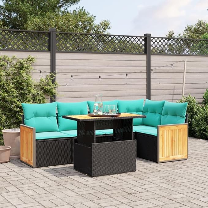 vidaXL Patio Sofa Set with Cushions 6 Piece, Outdoor Conversation Set, Sectional Sofa for Balcony Garden, Modern Style, Black Poly Rattan