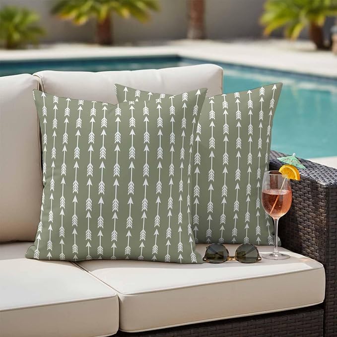 Arrow Outdoor Pillow Covers 24"x24" Set of 2, Abstract Rustic Western Tribal Geometric Arrow Sage Green Waterproof Throw Pillow Covers for Patio Furniture, Decorative Cushion Covers for Porch